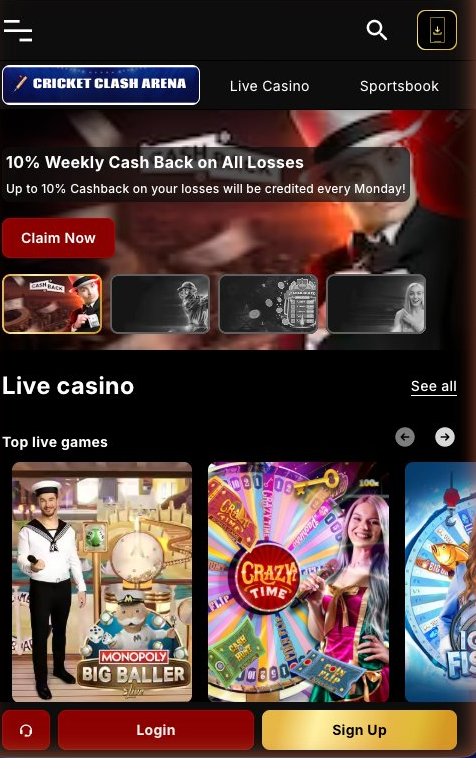 Live mobile lobby — live casino, cashback promotion, Cricket Clash Arena